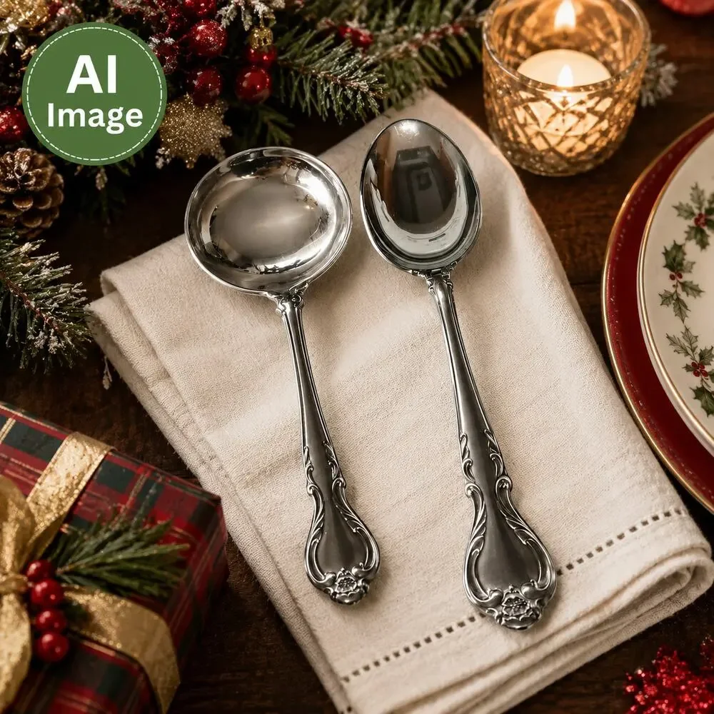 Vintage Lyons Queen Fancy Serving Spoon and Gravy Ladle Stainless Steele 1970s